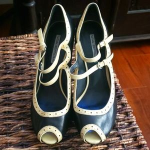 VIA SPIGA Two Tone Double Buckle Open Toe Heels